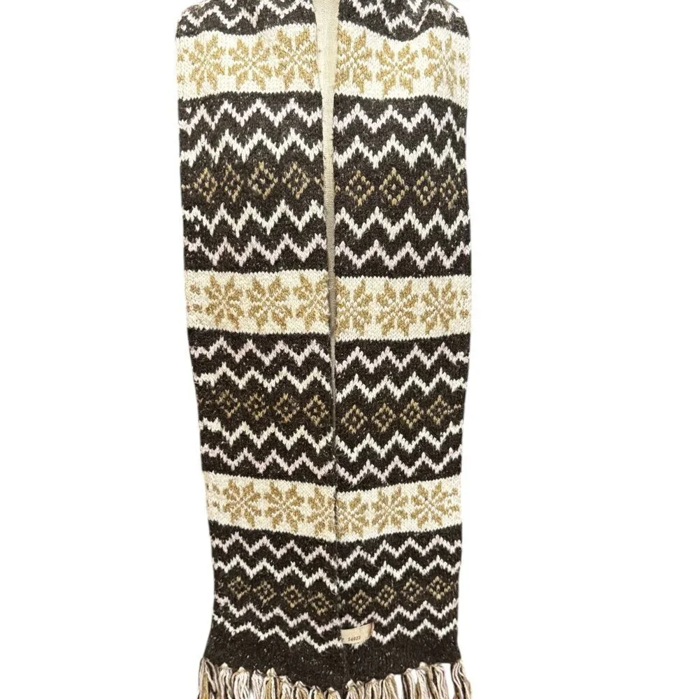 Vintage GAP Wool Blend Knit Scarf – Fair Isle Pattern, Brown & Cream, Long Fring